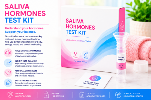 Saliva hormones test kit with saliva sample tube and instruction card