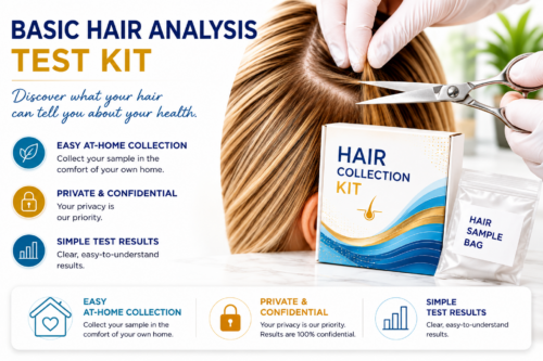Basic hair analysis test kit with at-home hair sample collection
