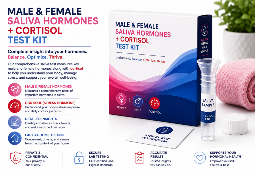 Male and female saliva hormone and cortisol test kit with saliva sample tube