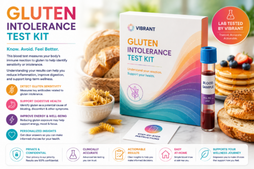Gluten intolerance test kit with blood sample tube and baked foods