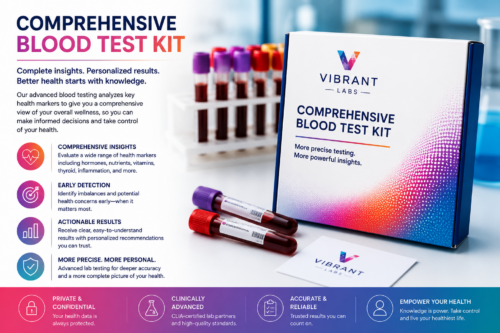 Comprehensive blood test kit with sample tubes and laboratory background