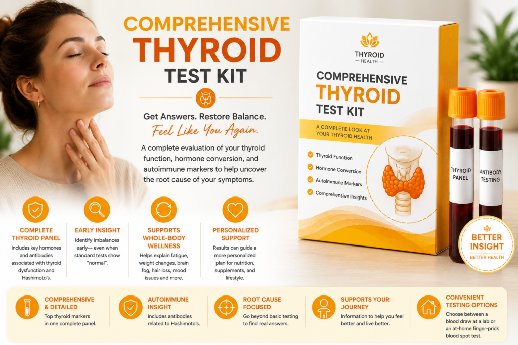 Woman touching her neck beside a comprehensive thyroid test kit