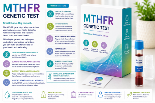 MTHFR genetic test kit with blood sample tube and instruction card