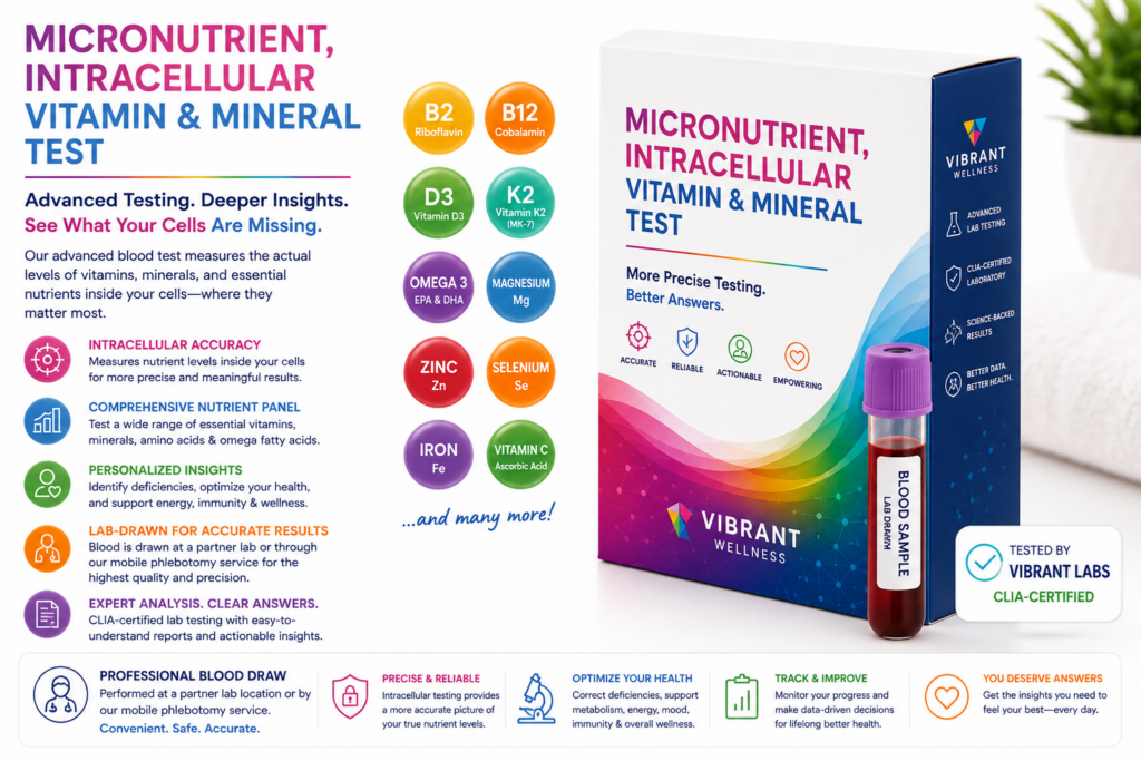 Micronutrient vitamin and mineral test kit with blood sample tube