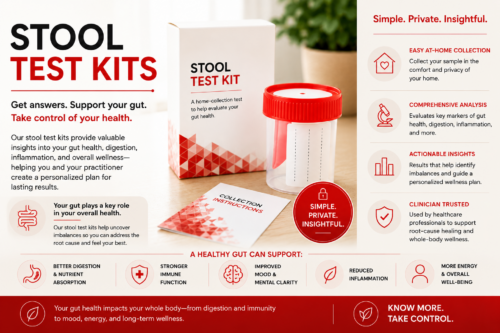 Stool test kit with sample collection container and instruction card